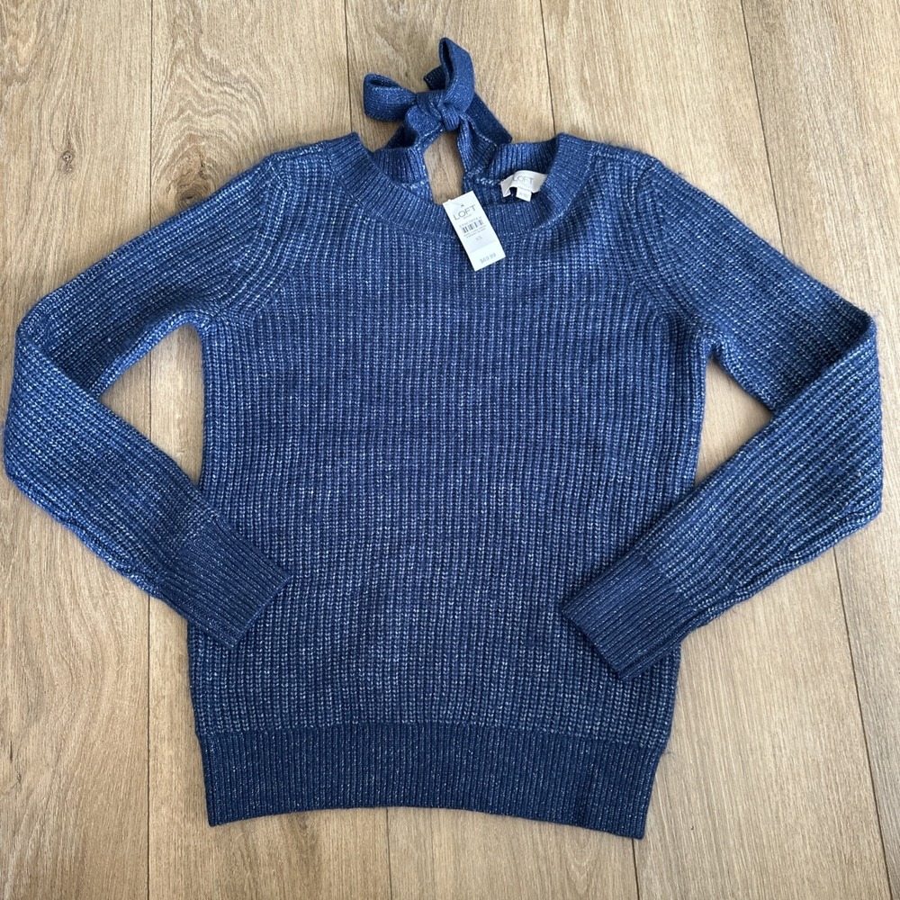 Loft Outlet Women's Blue Metallic Long Sleeve Sweater Tie Back‎ XS NEW